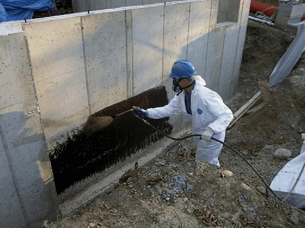 Professional waterproofing the exterior walls of the basement in Raleigh, NC